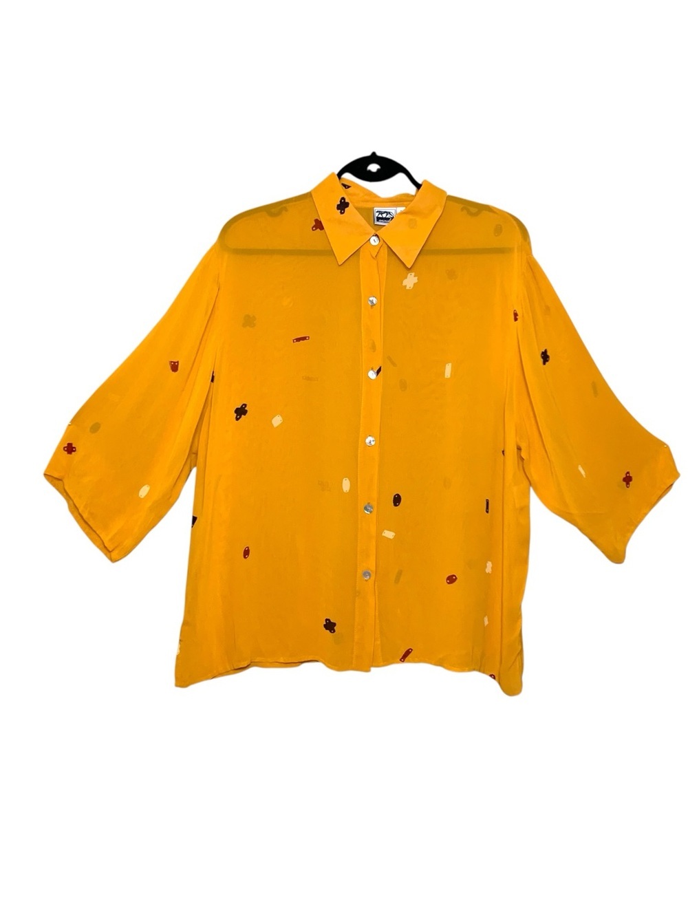 Animale Mustard Yellow Button-Down Sheer Blouse Sz L Abstract Print Short Sleeve